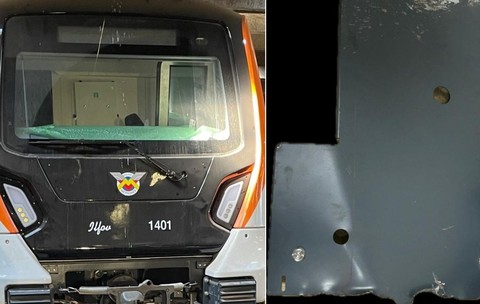 Un tren de metrou Alstom/Ilfov și piese componente care s-au desprins în timpul testelor, martie 2025