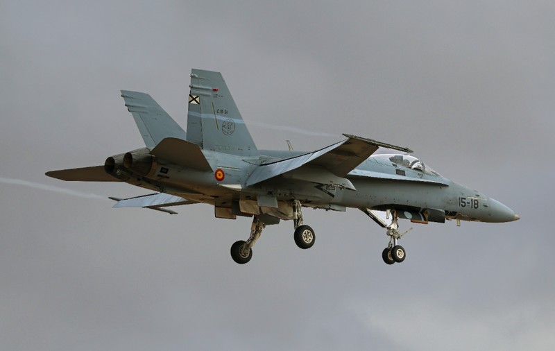 Un avion de vânătoare F/A-18 Hornet aflat în zbor la altitudine joasă, cu trenul de aterizare coborât