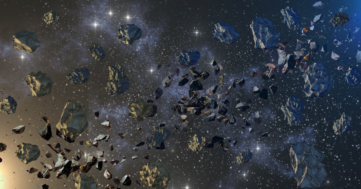 Centura Kuiper din sistemul solar, o înșiruire de asteroizi negrii printre care se pot vedea puncte luminoase albe