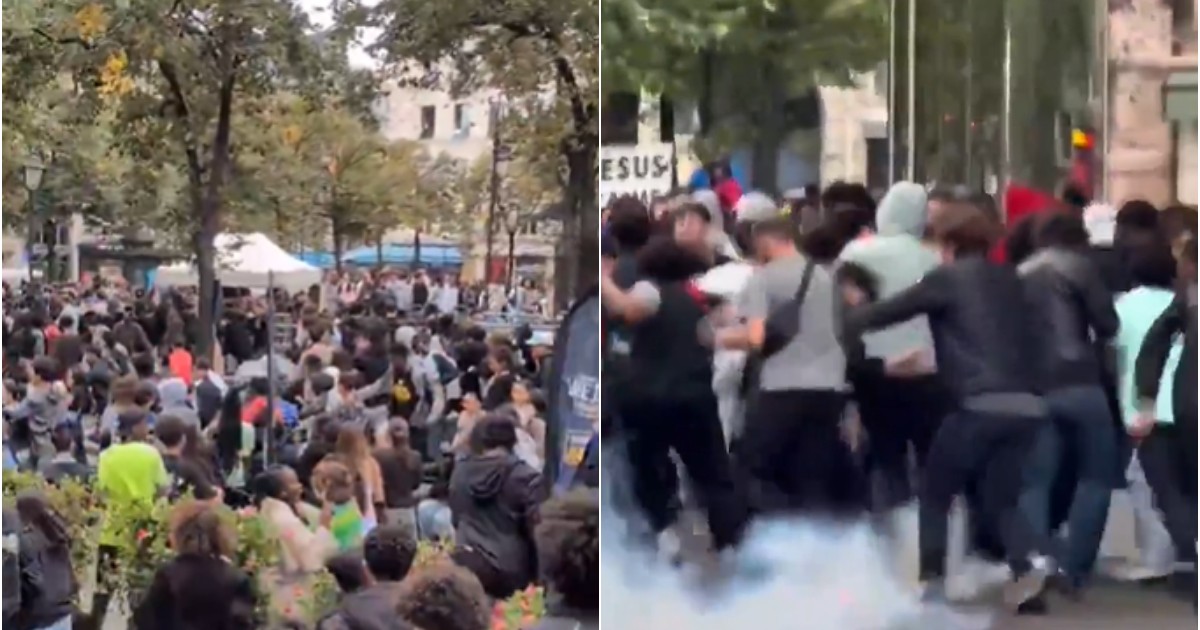 Imaginea este un colaj de două cadre, care arată o adunare mare de oameni. În cadrul din stânga, o mulțime se află într-un spațiu deschis, cu copaci și, probabil, un parc. Există corturi sau standuri în fundal. Mulți dintre oameni stau, se plimbă sau se uită la telefoane. În cadrul din dreapta, aceeași mulțime pare să se deplaseze rapid sau să se disperseze. În prim-plan, se poate vedea fum, care ar putea fi de la o fumigenă sau un alt dispozitiv. Oamenii se îndepărtează de zona cu fum.