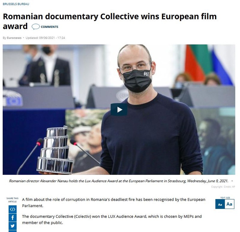 Site-ul televiziunii EuroNews scrie că „un film despre rolul corupției în cel mai grav incendiu din România a fost recunoscut de Parlamentul European”