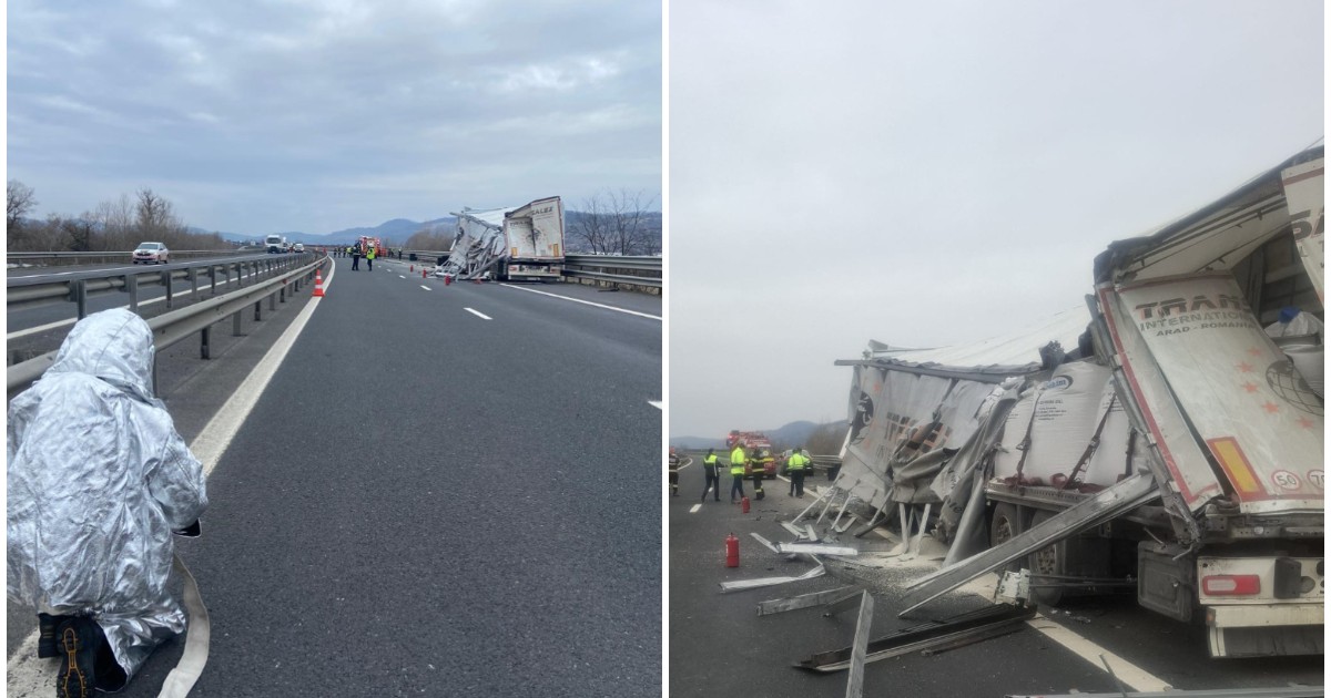 Un TIR distrus într-un accident a împrăștiat pe carosabil o încărcătură de sulfat de amoniu.