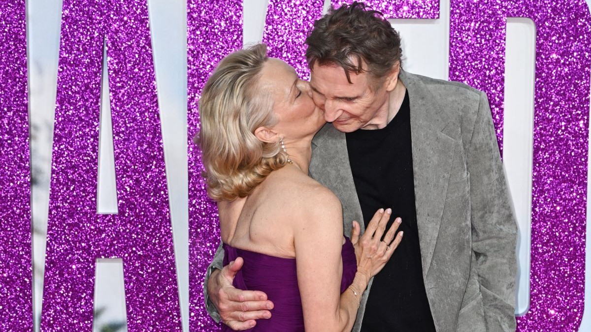 Pamela Anderson and Liam Neeson posing for photographers during the UK premiere of The Naked Gun on July 22, 2025. The event took place at the Odeon Luxe in Leicester Square, drawing large crowds and media attention. Photo by Stuart Hardy/ABACAPRESS.COM