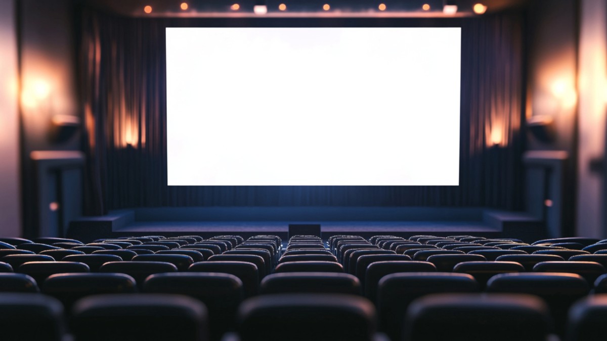 Imaginea prezintă interiorul unei săli de cinema sau teatru întunecate, privită dinspre spatele sălii, cu rânduri de scaune goale tapițate cu material închis la culoare. În centrul atenției se află un ecran de proiecție alb, imens și gol, încadrat de perdele de catifea maro-închis și lumini slabe de scenă.