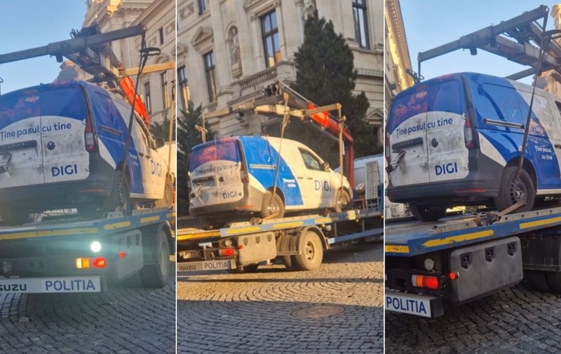 Mașina Digi, distrusă la protestul din București, a fost ridicată de Poliție