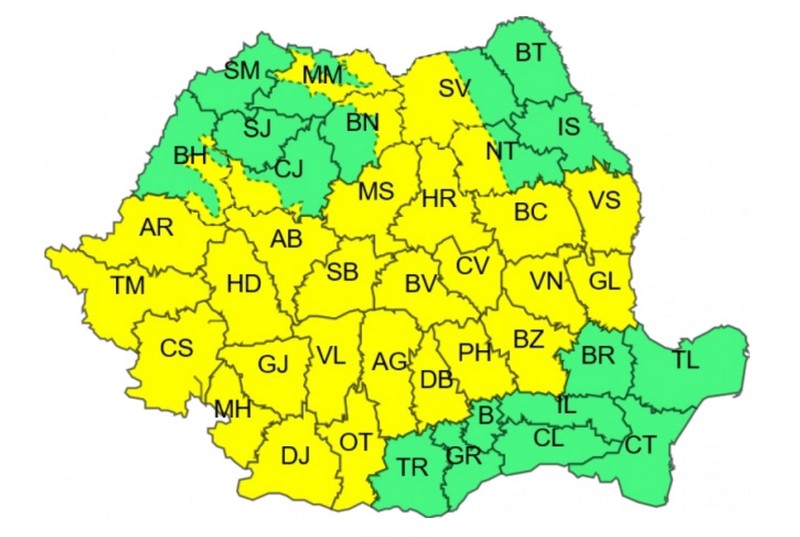 Al doilea cod galben este valabil pentru perioada 17 septembrie, ora 12.00-18 septembrie, ora 20.00.