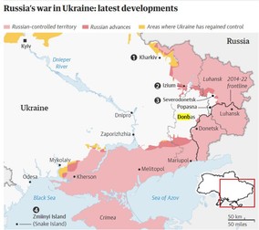 Roz deschis: teritorii sub control rusesc. Roz închis: avansul recent reușit de Rusia. Galben: teritorii recucerite recent de Ucraina | Sursa: Institutul pentru Studiul Războiului/The Guardian, pe baza informațiilor din 10 mai