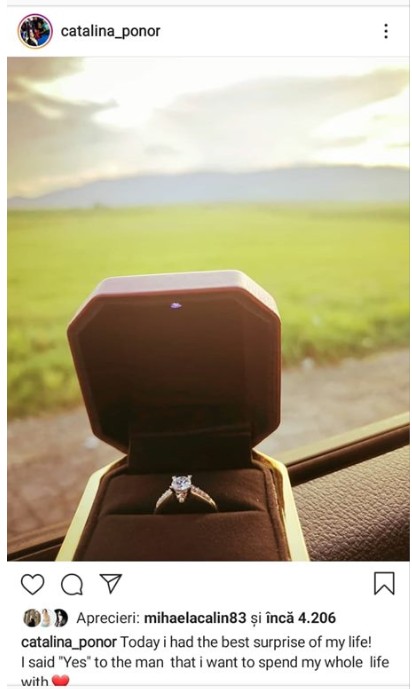 ”Azi am avut surpriza vieții mele! I-am spus DA bărbatului cu care vreau să-mi petrec viața”, a scris Cătălina pe Instagram, în dreptul fotografiei cu inelul de logodnă