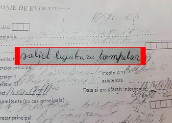 Foaia de evoluție a pacientei, în care Florentina Pătru a scris: ”solicit legatura tompelor”