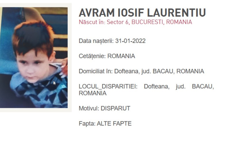 Imaginea prezintă o fișă oficială de căutare a lui Avram Iosif Laurențiu