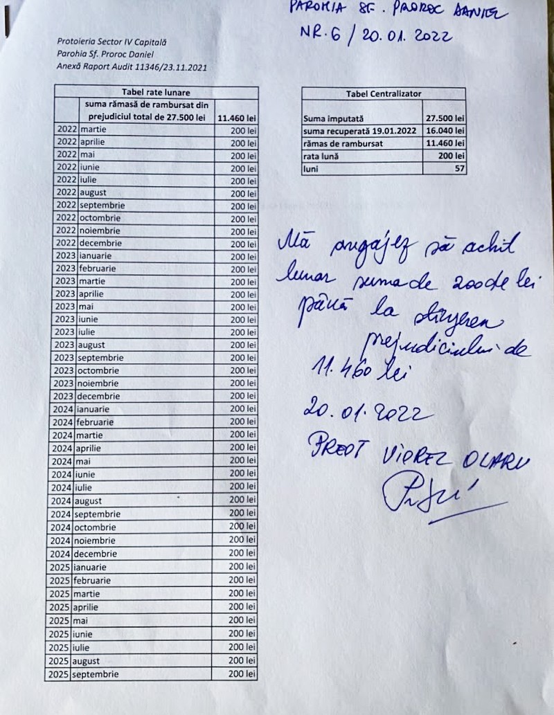 Document prin care Viorel Olaru se angajează să plătească un prejudiciu de 27.500 de lei în rate de 200 lei până în noiembrie 2026.