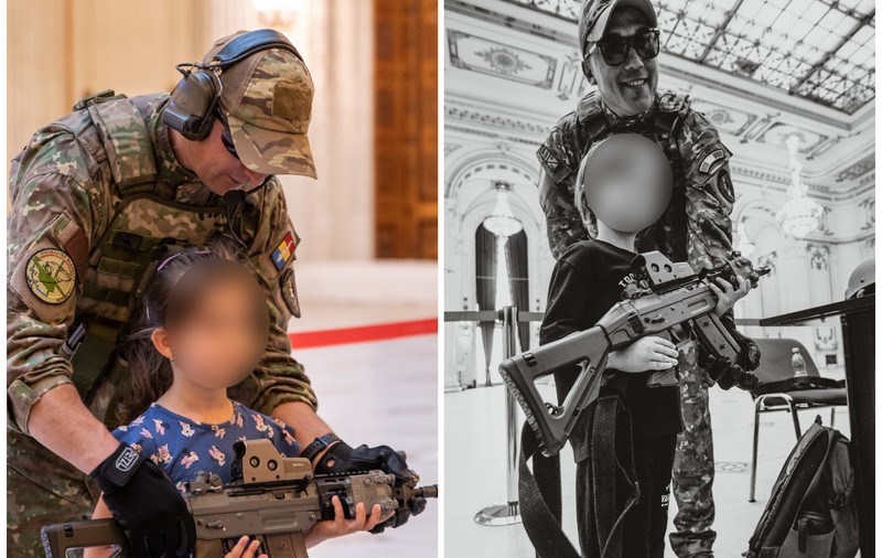 De Ziua Copilului, Forțele Aeriene Române s-au promovat punând arme Kalașnikov în mâinile fetițelor și băieților de 4-5 ani. Imagini de la Palatul Parlamentului