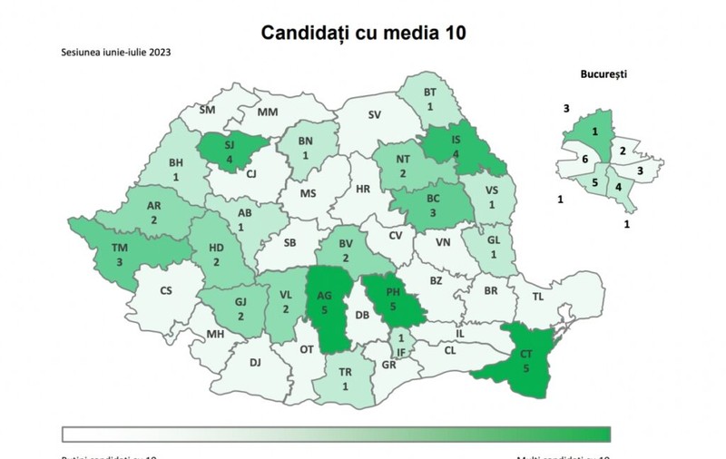 Harta mediilor de 10 la Bacalaureat 2023. Cele mai puține medii maxime din ultimii zece ani