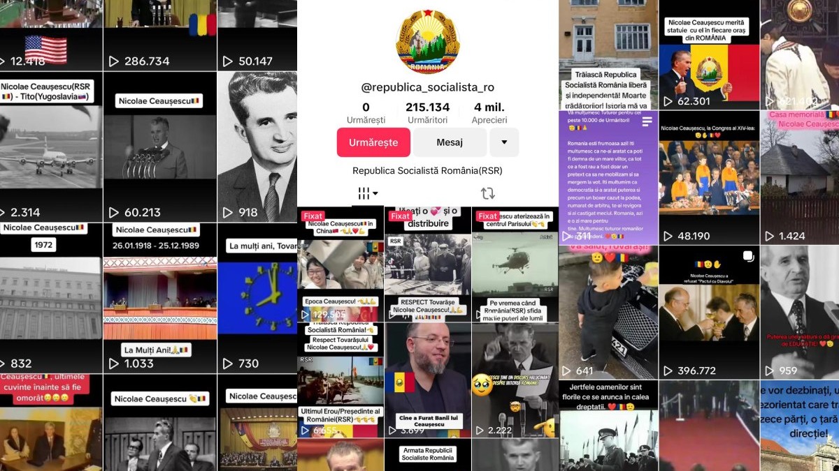 Mai multe capturi de ecran de pe tiktok, in imagini apar simboluri ale comunsimului, imaginea lui Nicolae Ceausescu