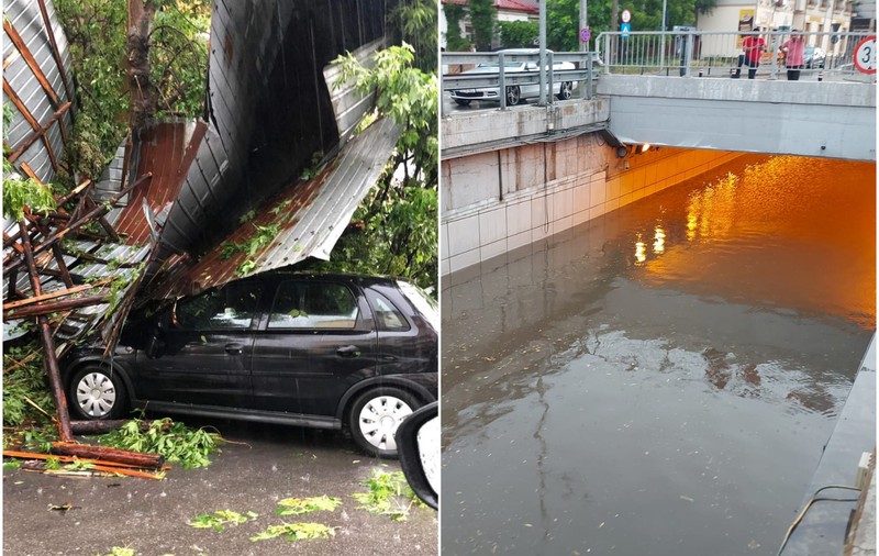 Furtună puternică la Craiova. Acoperișuri și copaci luați de vânt, străzi și gospodării inundate