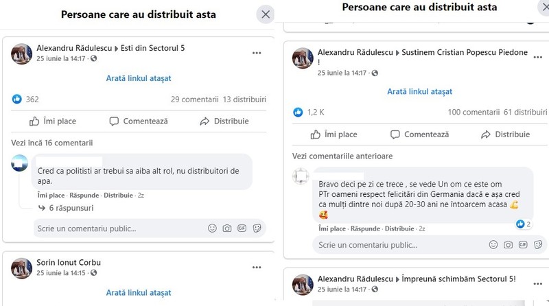 Exemple ale distribuirii unui material în care Piedone le împărțea apă rece polițiștilor de pe stradă