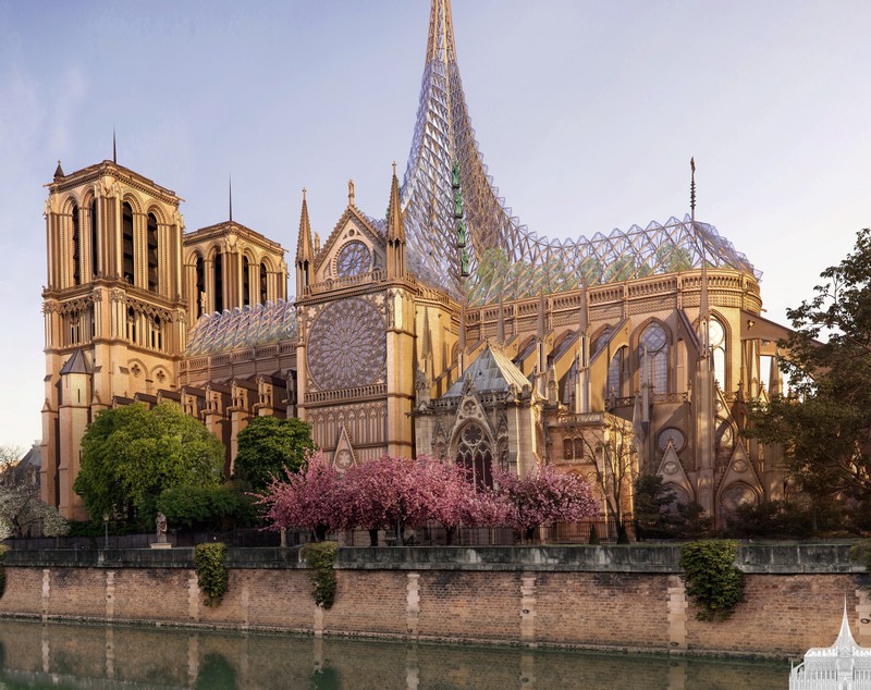 FOTO | Planul unui arhitect vizionar pentru restaurarea Catedralei Notre-Dame: O grădină de meditație și o fermă pe acoperișul clădirii la adăpostul unui dom din sticlă