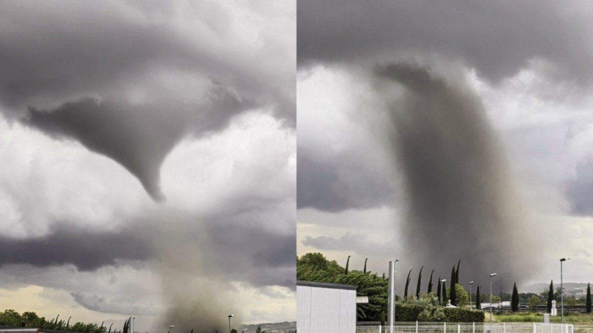 Un colaj cu două fotografii cu o tornada