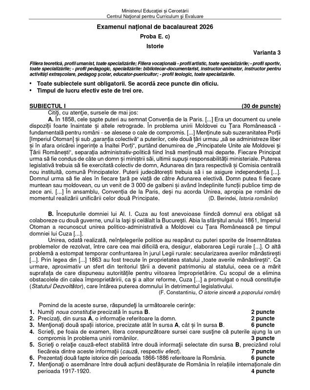 Baremul de corectare la BAC Istorie 2026