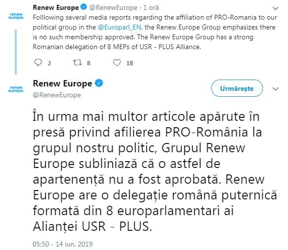 Mesajul transmis de Renew Europe pe Twitter