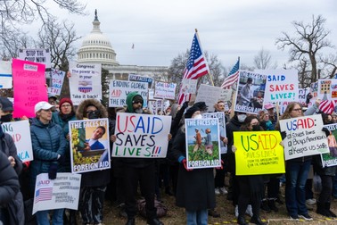 WASHINGTON, DC - FEBRUARY 5: Protestors gather outside of the U.S. Capitol for a rally in support of USAID in Washington, DC on February 5, 2025. Nathan Posner / Anadolu/ABACAPRESS.COM