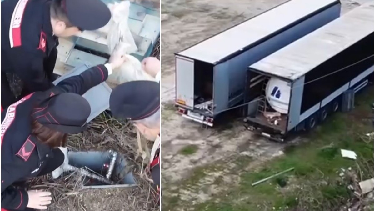 Imaginea prezintă două cadre care par să documenteze o operațiune a forțelor de ordine împotriva unei activități ilegale de sustragere de combustibil.