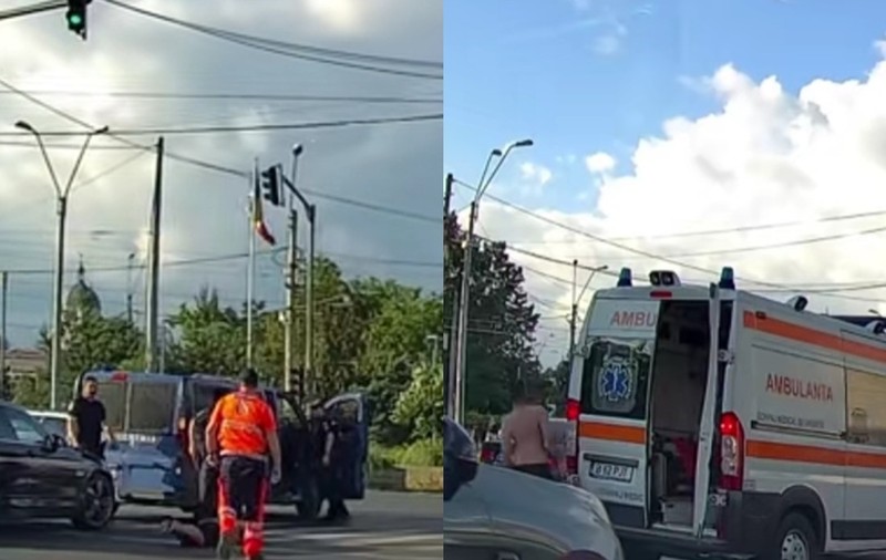 Un bărbat din București a sărit dintr-o ambulanță la semafor și s-a aruncat imediat pe burtă după ce a văzut duba de jandarmi