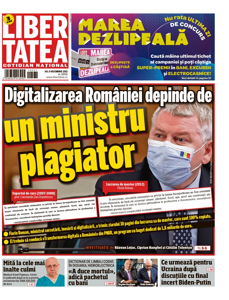 Prima pagină a ziarului de joi, 9 decembrie