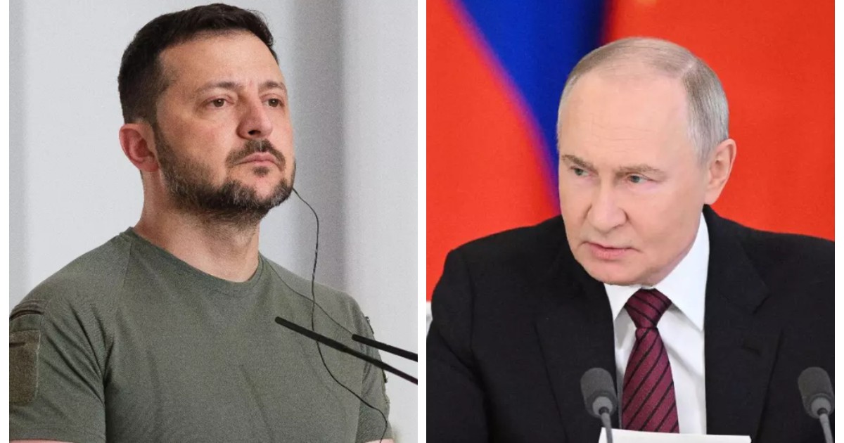 În partea stângă este ilustrat Volodimir Zelenski, îmbrăcat în tricou kaki, iar în partea dreaptă este Vladimir Putin, îmbrăcat în sacou negru și cămașă albă. Acesta se află la o masă cu două microfoane.