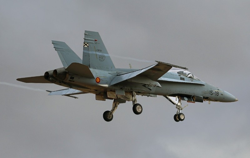 Un avion de vânătoare F/A-18 Hornet aflat în zbor la altitudine joasă, cu trenul de aterizare coborât