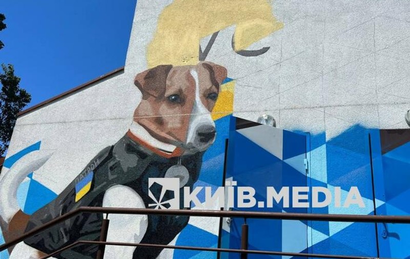 Patron, cățelul genist care ajută la depistarea minelor în Ucraina, pictat pe o clădire din Kiev