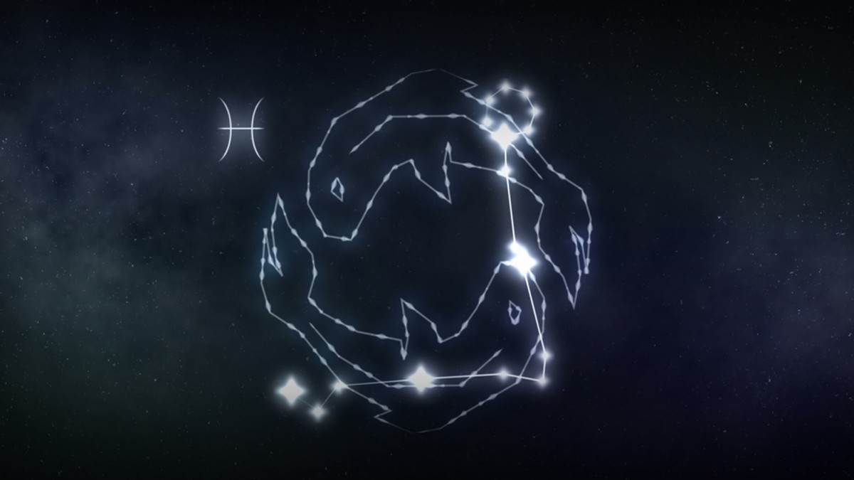 Zodia Pești în 2024 - Imagine cu semnul zodiacal al Peştilor, format din stele unite de o linie strălucitoare, pe un fond negru.