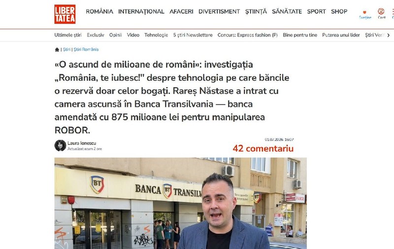 Imaginea site-ului Libertatea și numele jurnalistului Rareș Năstase, folosite ilegal într-o fraudă cu investiții. Escrocii folosesc opinii fictive ale conducerii BNR
