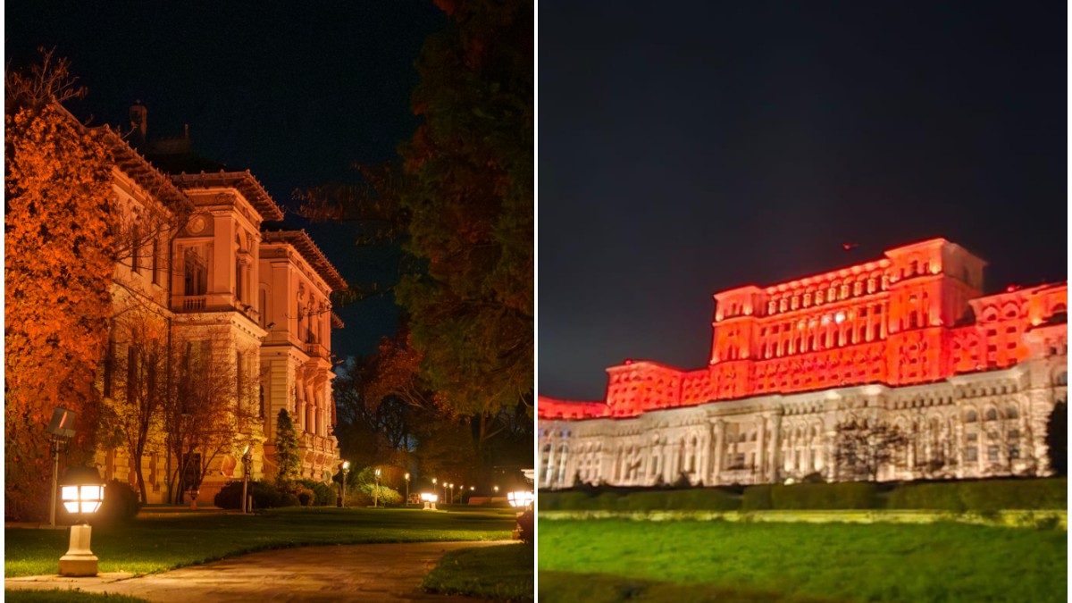 Palatul Cotroceni (stânga) și Palatul Parlamentului (dreapta) iluminate în portocaliu.
