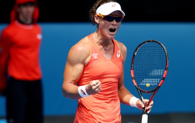 epa04570000 Australia's Samantha Stosur reacts ashe plays Romania's Monica Niculescu in their first round match at at the Australian Open Grand Slam tennis tournament in Melbourne, Australia, 20 January 2015. EPA/DAVID CROSLING AUSTRALIA AND NEW ZEALAND OUT