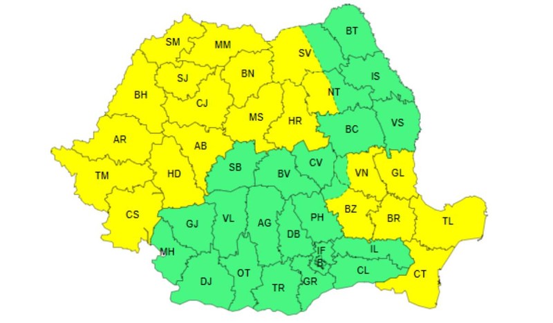 Harta județelor afectate de codul galben de vreme rea. Foto: ANM