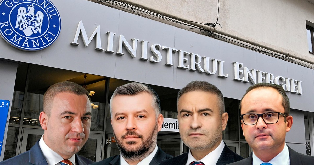 Un colaj cu patru barbati si intrarea ministerului Energiei in fundal