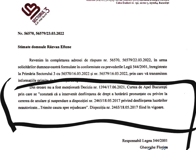 Extras din răspunsul Primăriei Sectorului 3 către Răzvan Eftene
