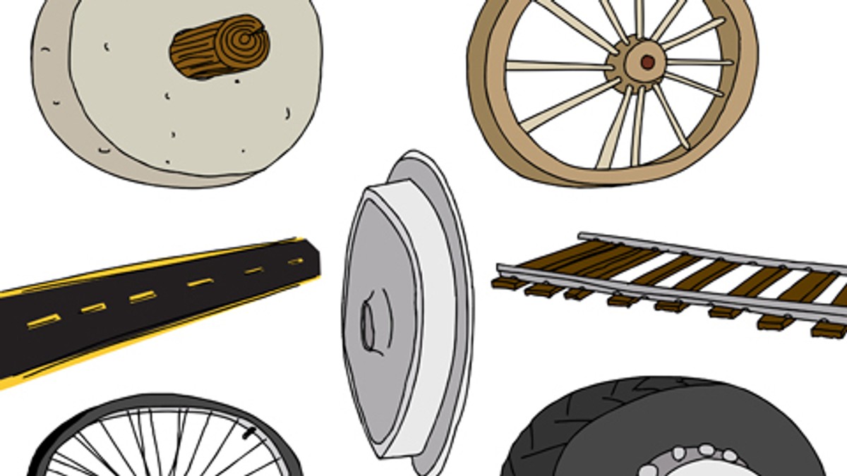 Când și cum a apărut roata - Reprezentare grafică a evoluţiei roţii,în care apar o roată de piatră, una de lemn cu spiţe, una de bicicletă, una de tren şi una de automobil
