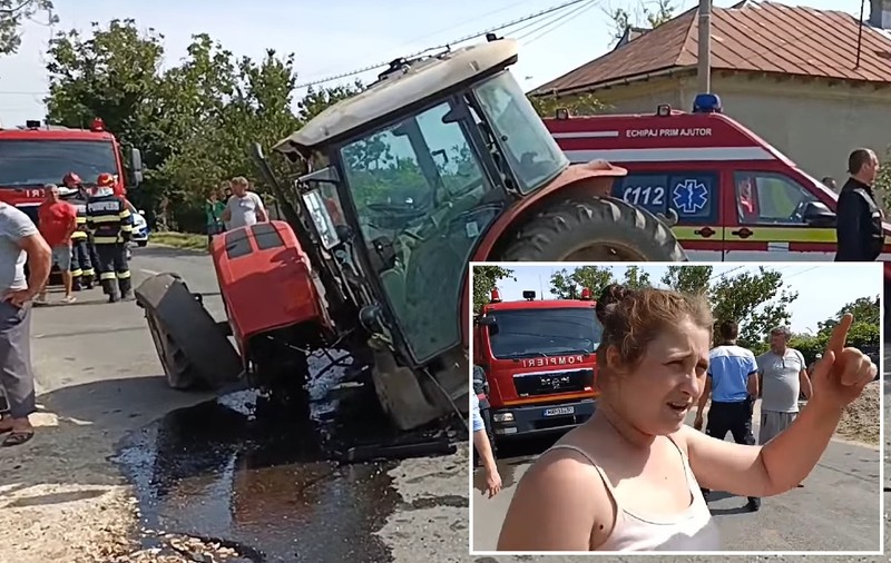 VIDEO | Șoferiță cu tractorul rupt în două de un BMW, în Teleorman: „Cum am virat, m-a luat în plin!”