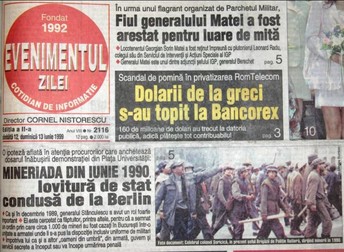 Pagina I a ziarului Evenimentul Zilei din 12-13 iunie 1999, în care a fost publicată imaginea cu Ion Șoricică din timpul Mineriadei din 1990
