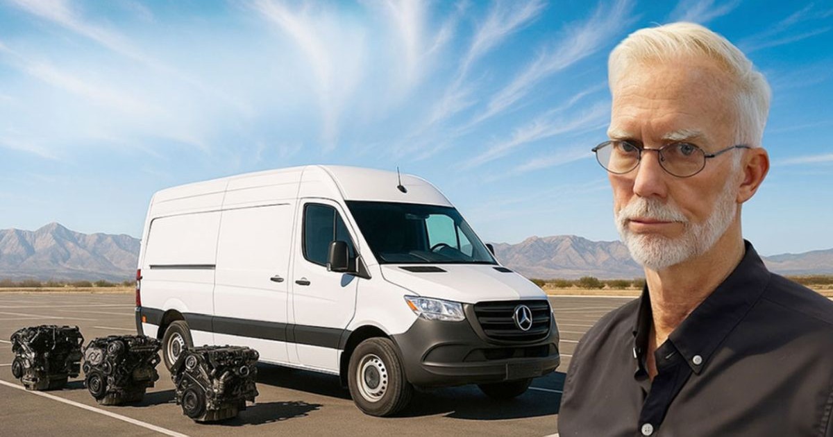 În partea stângă este o mașină Mercedes Sprinter albă, cu trei motoare jos lângă ea, iar în dreapta un bărbat cu părul alb, ochelari și o cămașă neagră, mecanicul auto