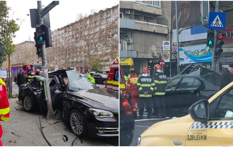 Urmărit de polițiști, un bărbat a intrat cu mașina într-un stâlp, în centrul Capitalei. Șoferul consumase droguri