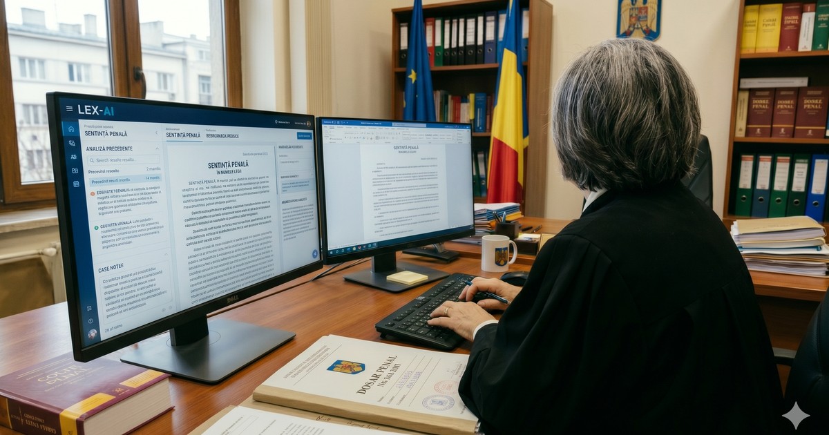 O judecatoare scrie o sentinta pe computer cu ajutorul AI
