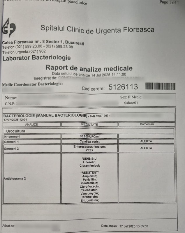 Dovada că medicii de la Centrul de Arși știau că Lavinia este infectată cu Candida auris, dar nu au spus: „Niște criminali. O lăsau să moară în România”
