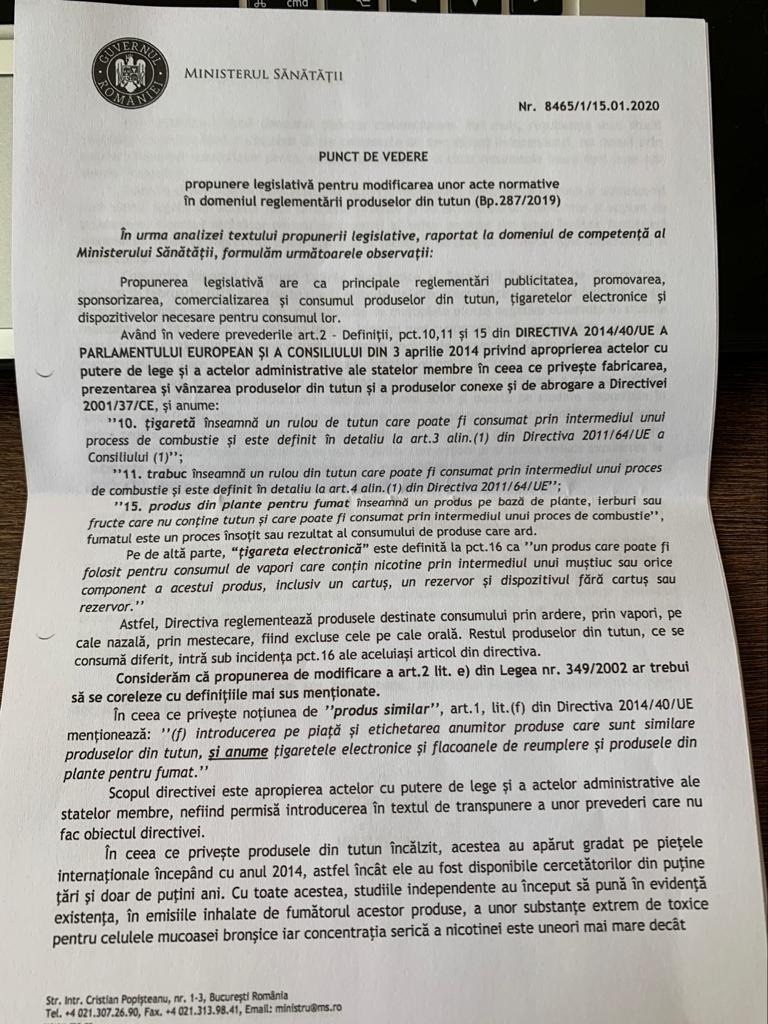 Documentul prin care Ministerul Sănătății recomandă Parlamentului să nu interzică reclama la țigări