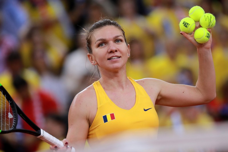 epa07517681  Simona Halep of Romania celebrates after winning her game against Kristina Mladenovic of France during the Fed Cup World Group, Semi Final between France and Romania, in Rouen, France, 20 April 2019 EPA-EFE/CHRISTOPHE PETIT TESSON