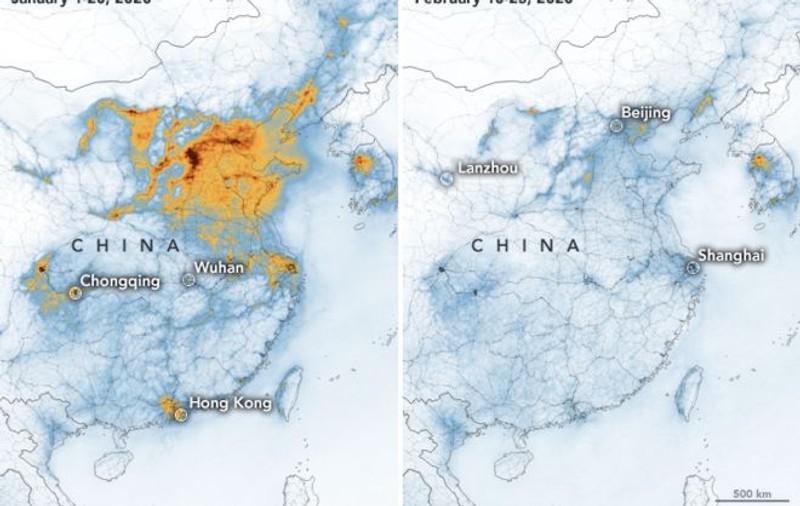 Efectele coronavirusului: imaginile NASA arată o reducere importantă a poluării în China