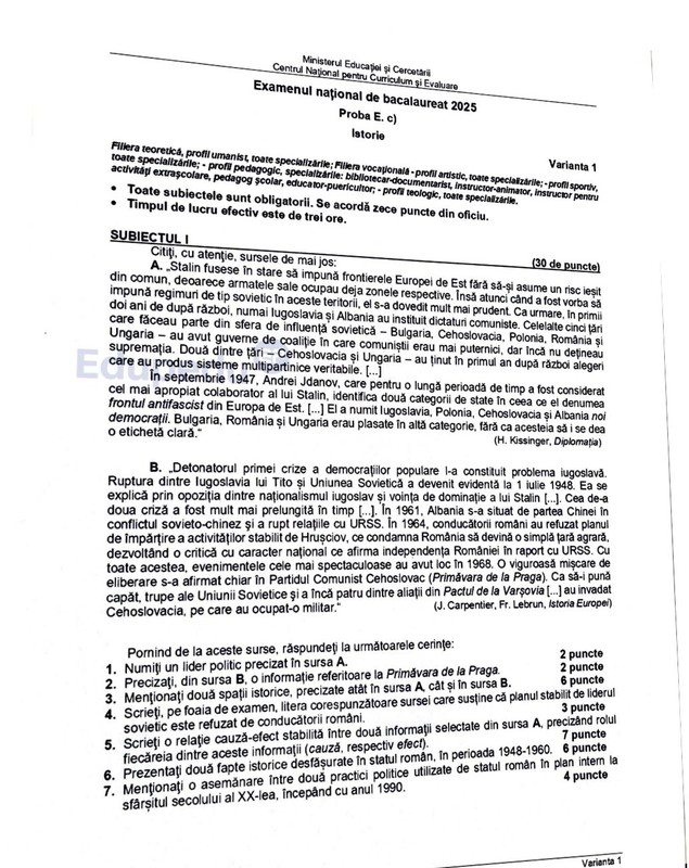 Baremul de corectare la BAC Istorie 2025
