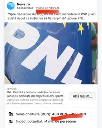 Exemplu de postare sponsorizată pe Facebook, care conține trimitere spre site-ul agenției news.ro. Captură: Ionuț Cristache / TVR